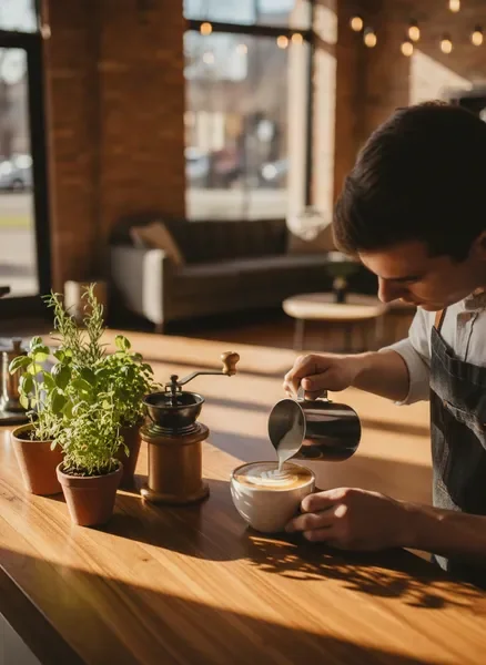Barista crafting latte art at the Roast & Roll counter