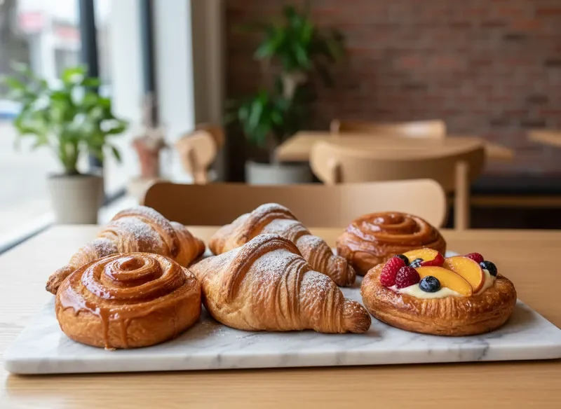 Freshly baked pastries arranged on a marble tray at Roast & Roll