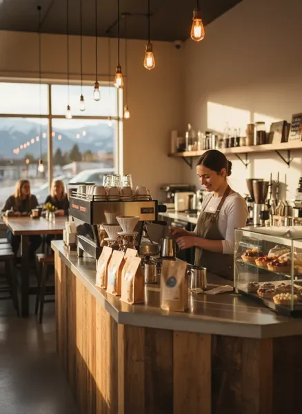 Barista crafting latte art at the Roast & Roll coffee counter in Colorado