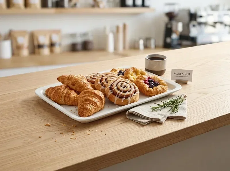 Freshly baked pastry tray at Roast & Roll