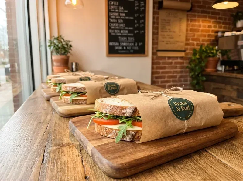Handcrafted sandwich boards wrapped in parchment at Roast & Roll