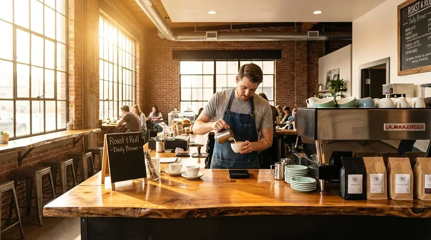 Artisan café counter at Roast and Roll coffee shop with latte art, pastries, and morning mountain light